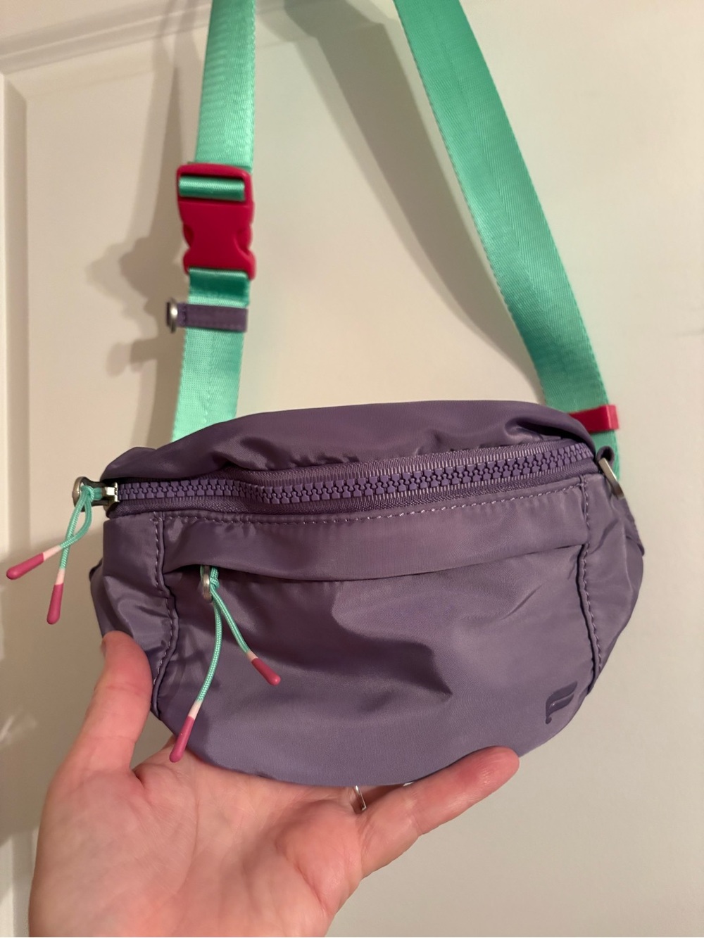 Fabletics Lavender Purple Belt Bag with Mint Green Strap and Pink Accent